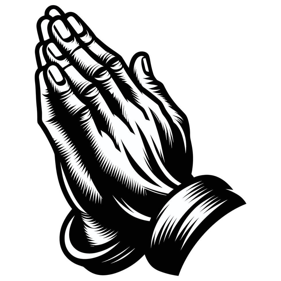 Black and White Illustration of Praying Hands with Detailed Shading and Engraved Style for Religious and Spiritual Concepts vector