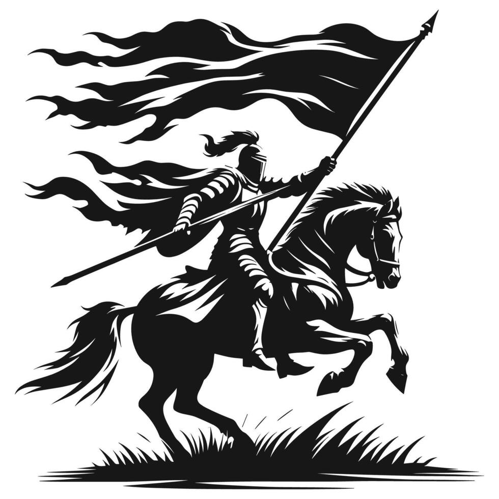 Bold Medieval Knight on Horseback with Flowing Flag Black and White Illustration vector