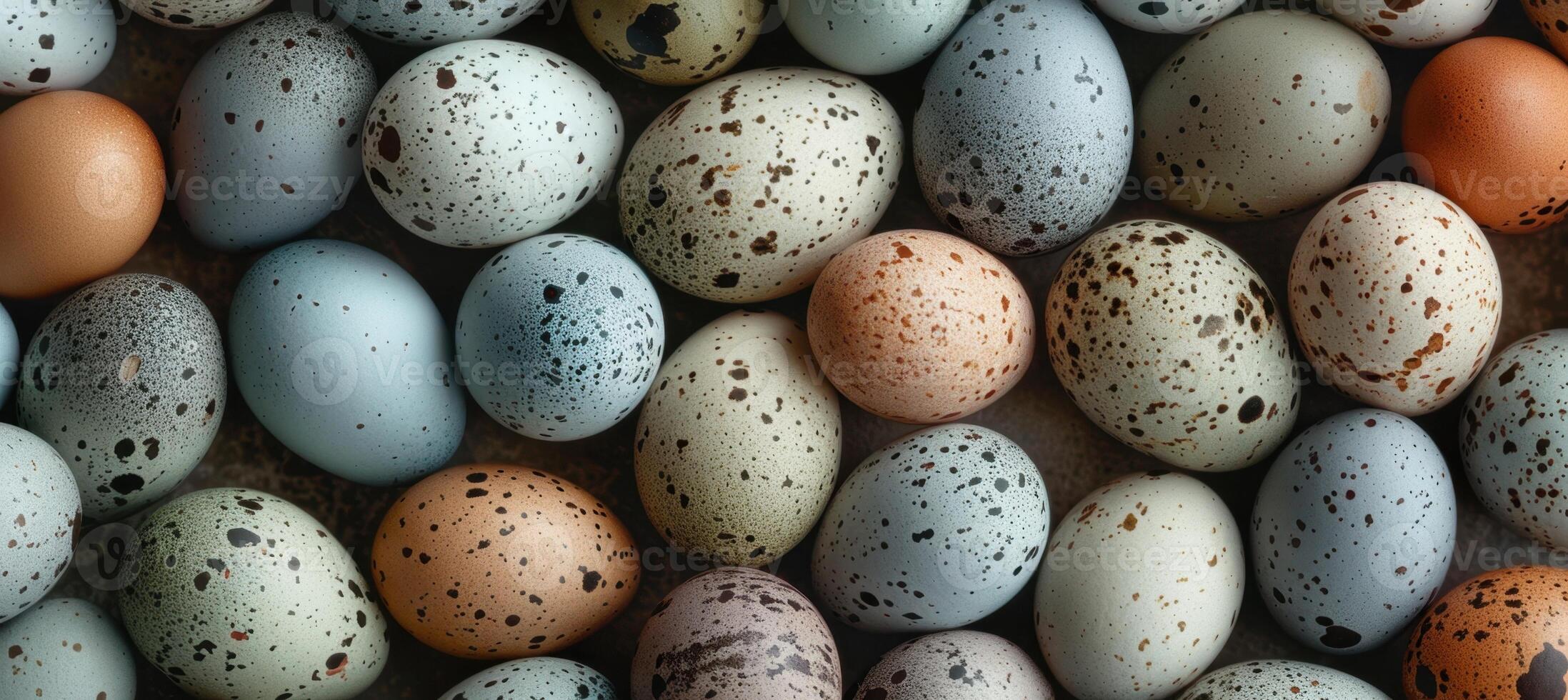 Colorful Speckled Eggs Arranged Elegantly on top of a Table. photo