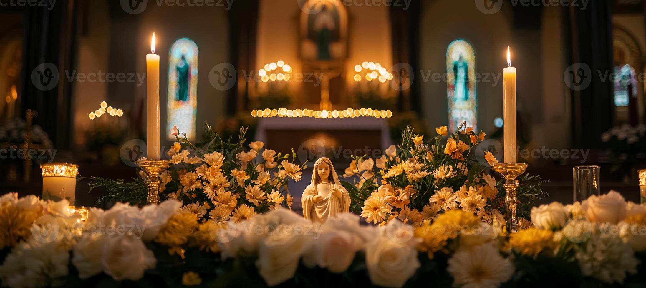 beautiful altar with flowers, candles, and a statue of Mary in a church setting photo