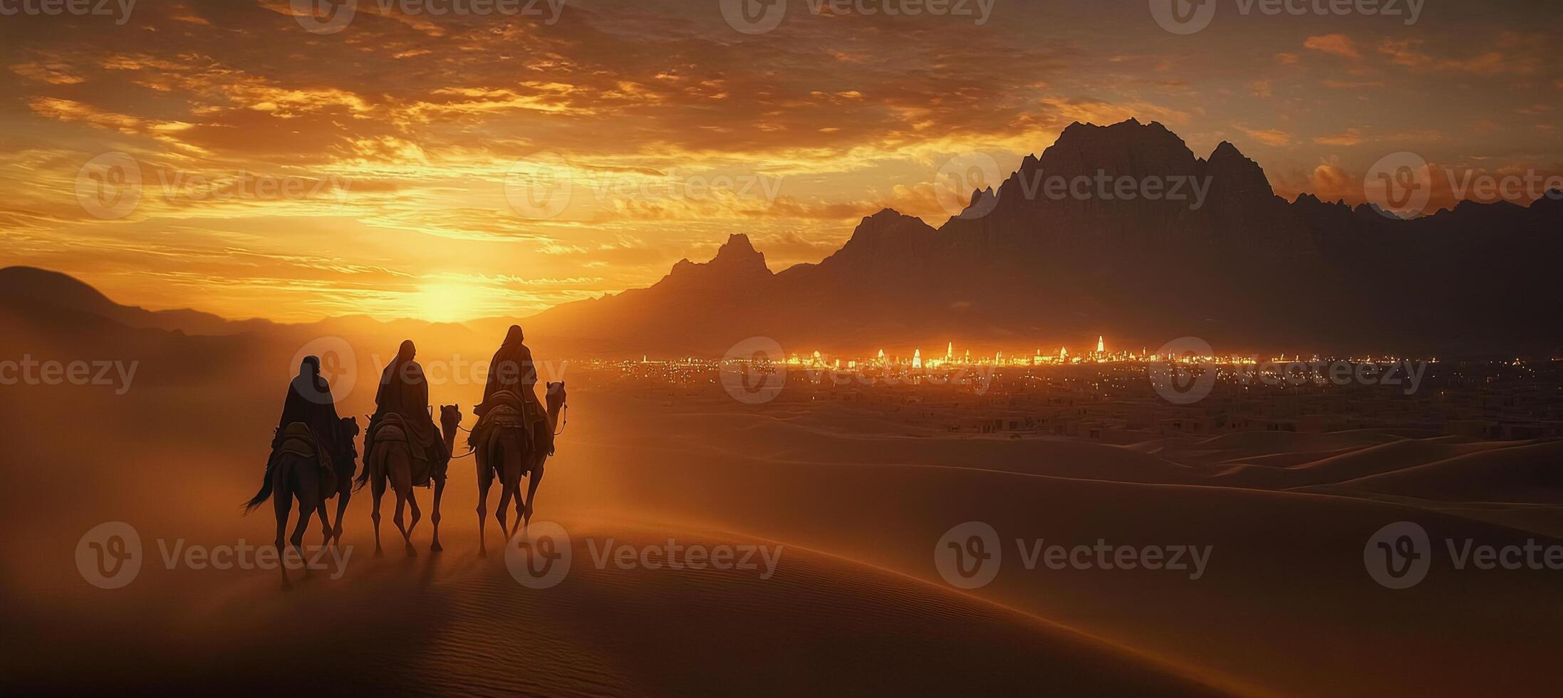 three camel riders traversing the desert landscape during a stunning sunset photo