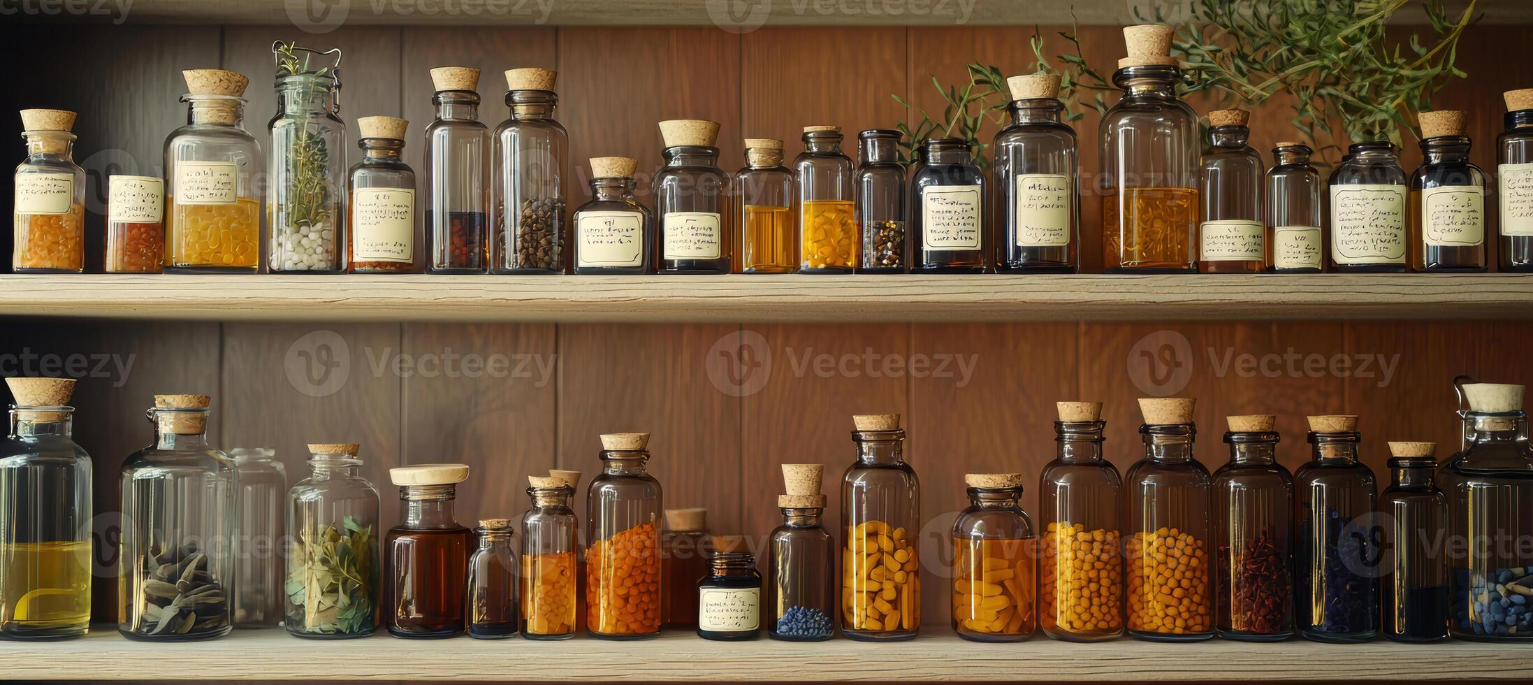 Aesthetic Display of Various Herbal Bottles and Jars on Rustic Wooden Shelves photo