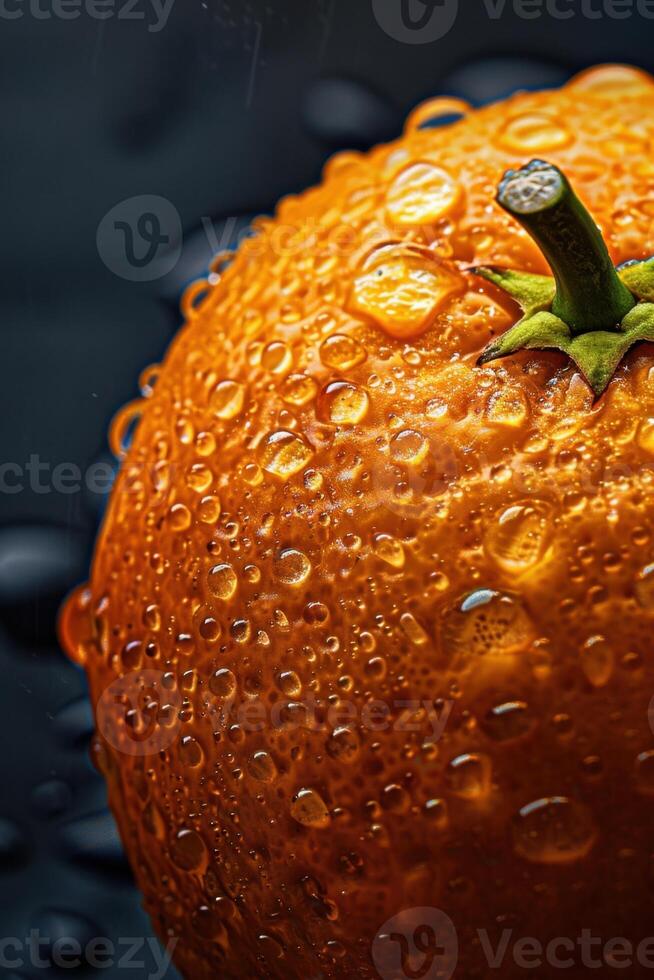 Fresh Rain-Drenched Orange with Dew Drops on Black Background, Close-Up Photography photo