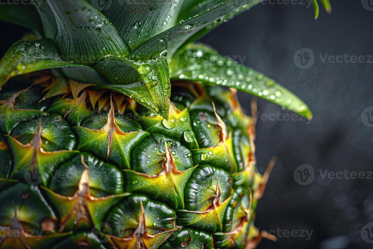 macro close-up of fresh pineapple with water droplets on a dark background photo