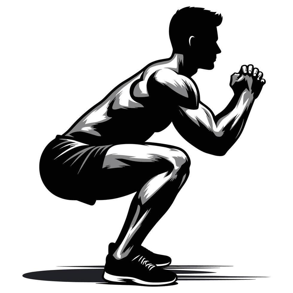 Black and White Fitness Silhouette of Man Doing Squat Exercise vector