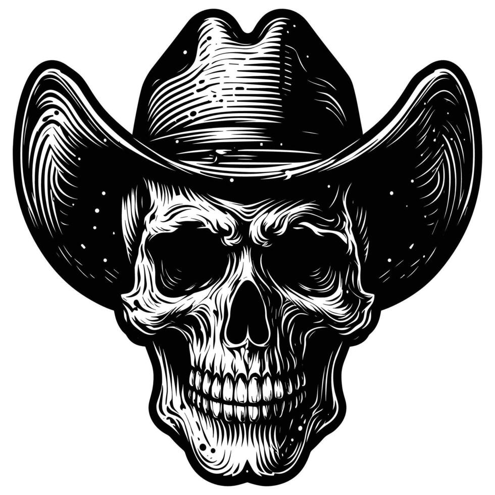Hand Drawn Skull Wearing a Cowboy Hat, Perfect for Tattoo Designs, Biker Graphics, and Western Inspired Artworks vector