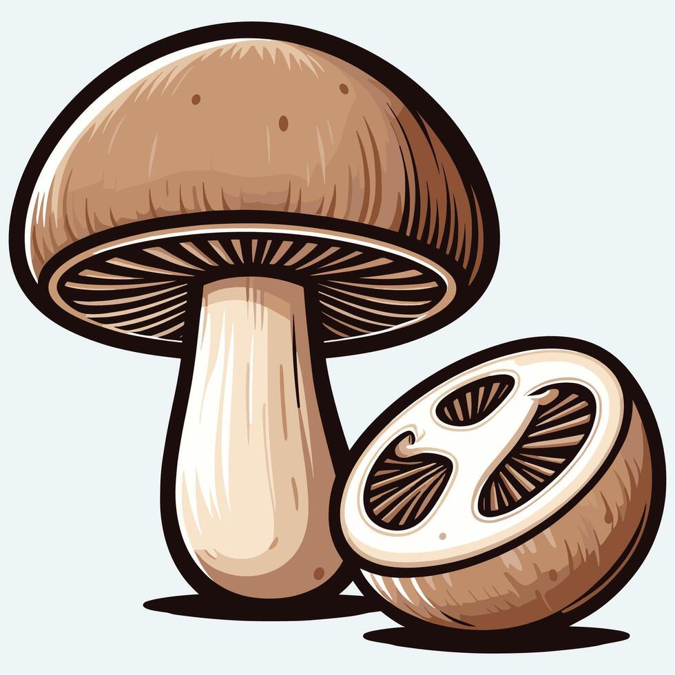 Realistic Brown Mushroom with Sliced Half in Vintage Engraving Style Illustration vector
