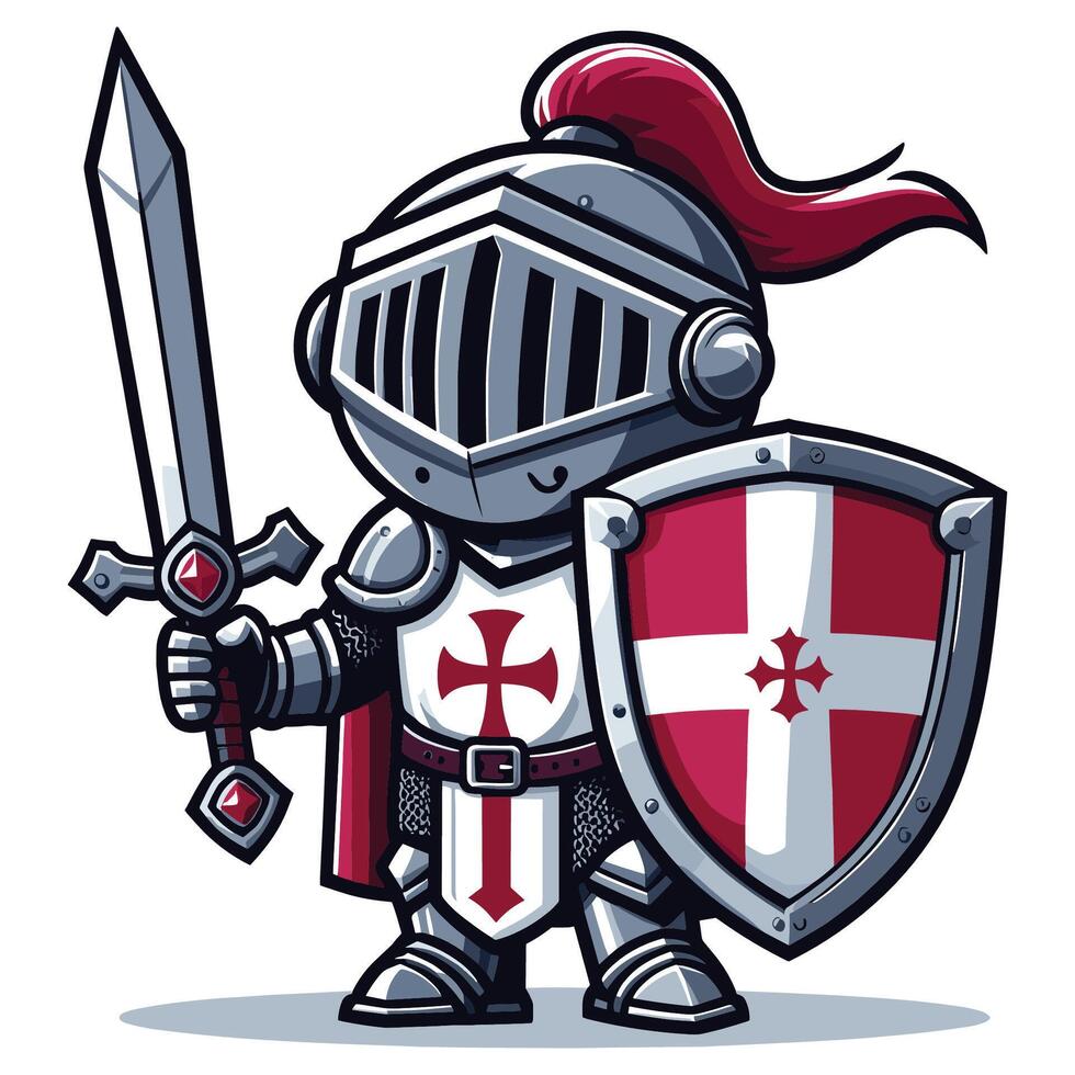 Cute Chibi Knight with Sword and Shield Cartoon Medieval Warrior Illustration vector