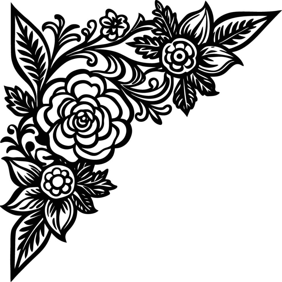 A black and white floral corner with flowers vector
