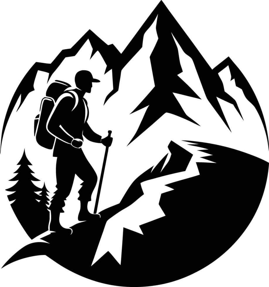 Hiker with backpack and trekking poles vector