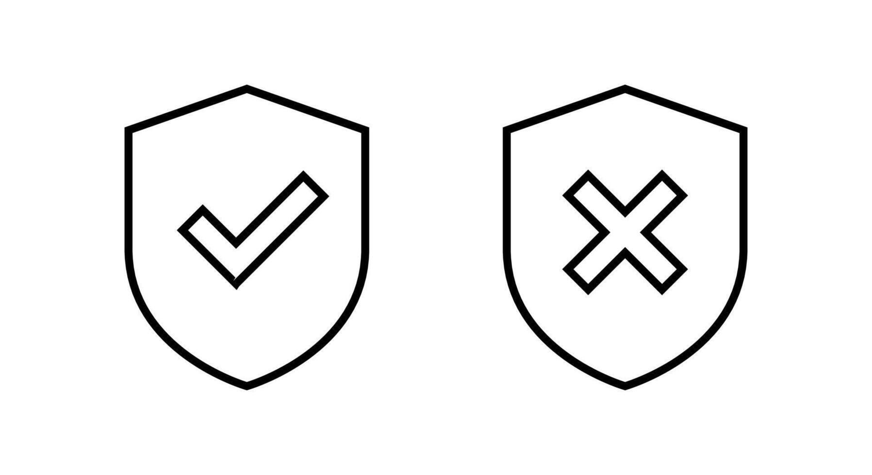 Check mark and x cross with shield outline icon. Editable stroke vector
