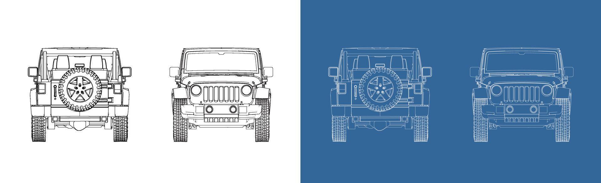 off road cabriolet convertible car technical line drawing blueprint from front and rear view. SUV car outline isolated vector