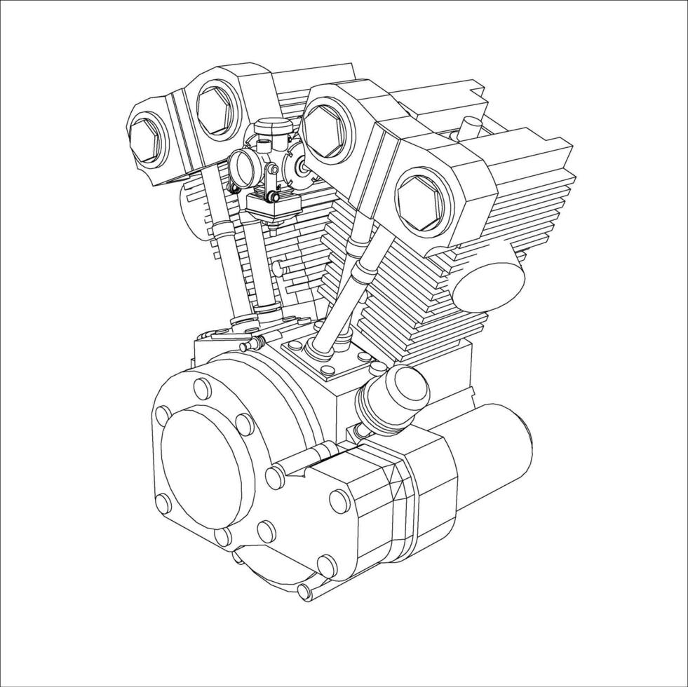 Illustration Motorcycles engine V-twin line drawing technical blueprints Isometric view isolated vector