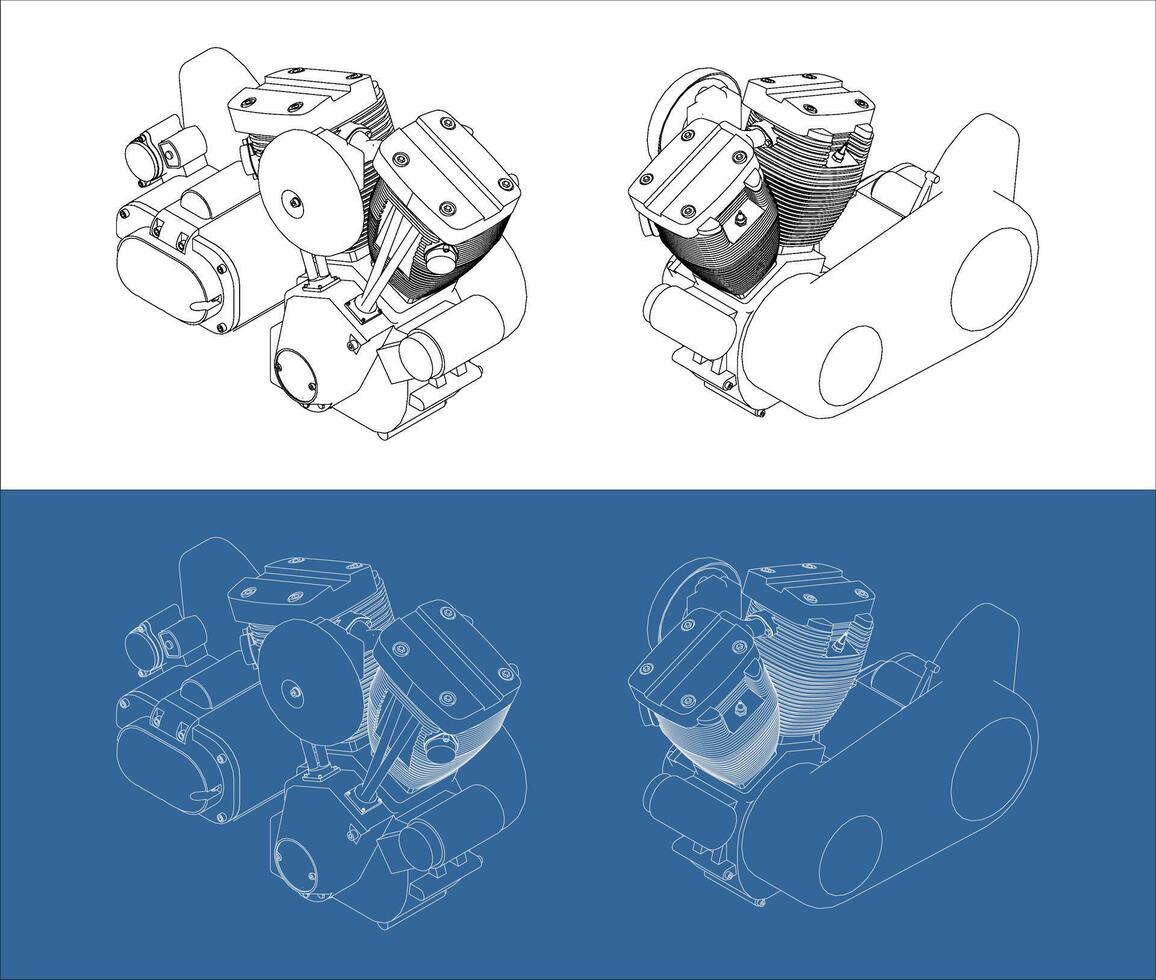 V-twin Motorcycles engine line drawing technical blueprints Illustration Isometric view. isolated background vector