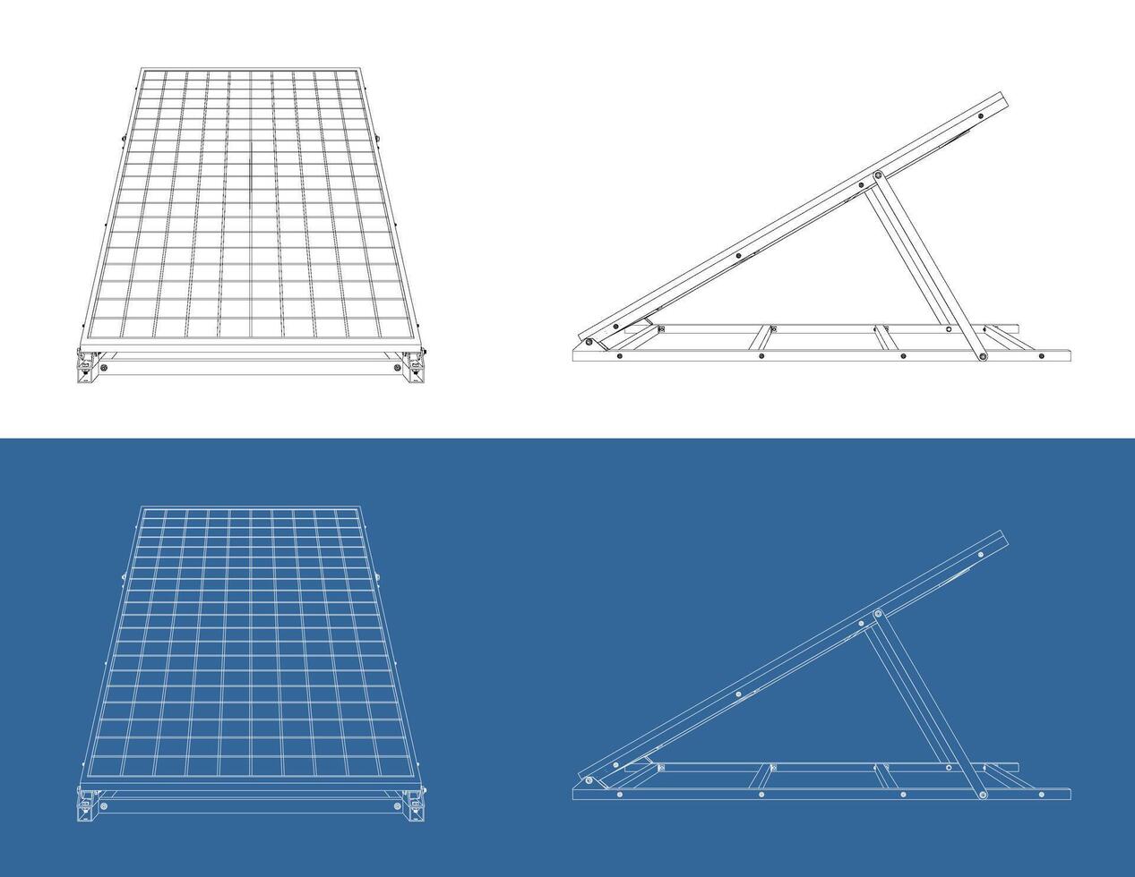 Detailed Isometric Technical Drawing of Solar Panel Array with Mounting Bracket, Blueprint Style vector