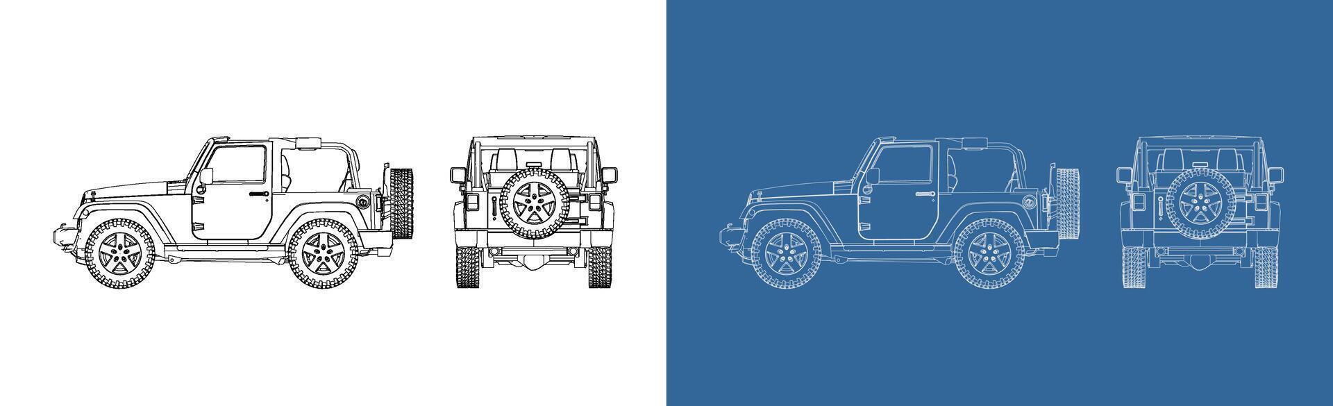 offroad cabriolet convertible car technical line drawing blueprint from side and back view. SUV car outline isolated background vector