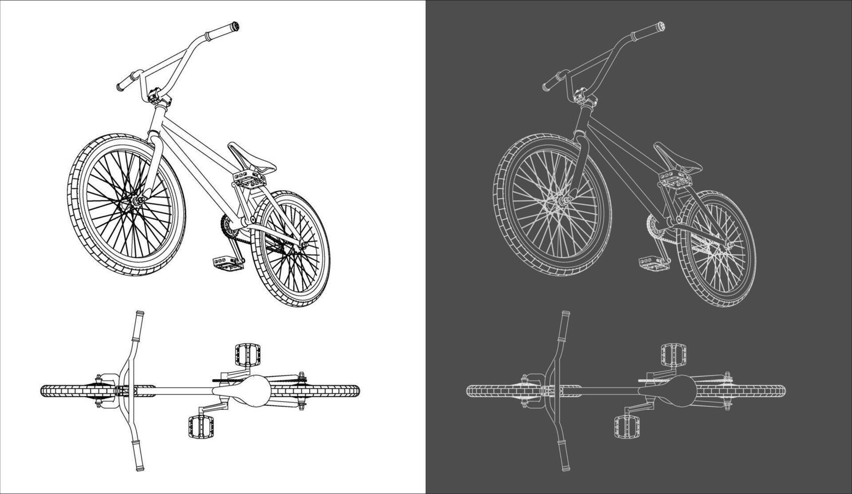Set of BMX Bicycle Technical Drawing. All Side Views Isolated on Transparent Background vector