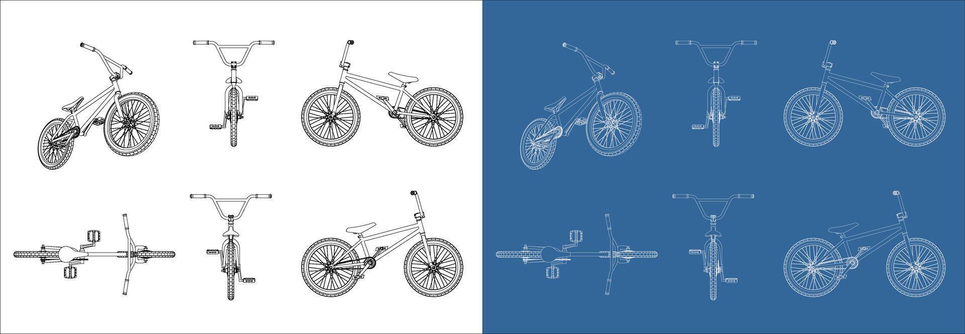 Set Outline of BMX Bicycle technical drawing line art. Front, back, side, top view. Extreme bike industrial draw. blueprint illustration isolated vector