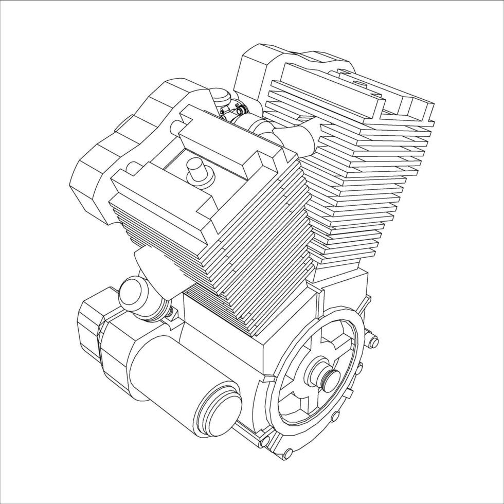 Motorcycles engine V-twin line drawing technical Illustration Isometric view vector