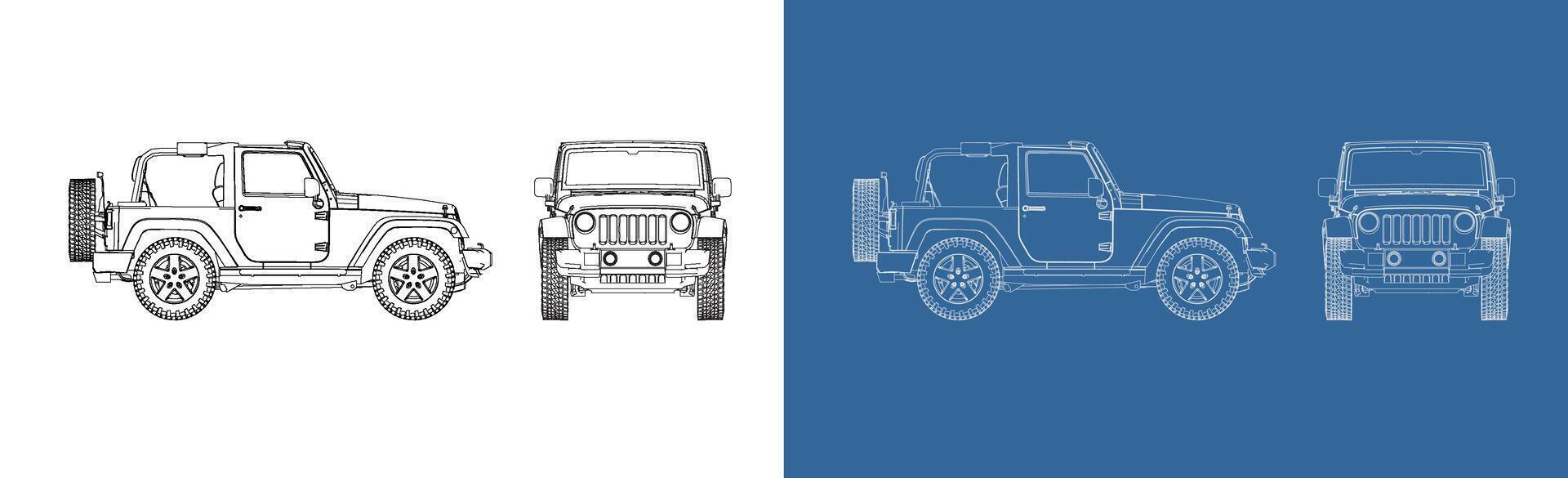 off road cabriolet convertible car technical line drawing blueprint from side and front view. SUV car outline isolated background vector