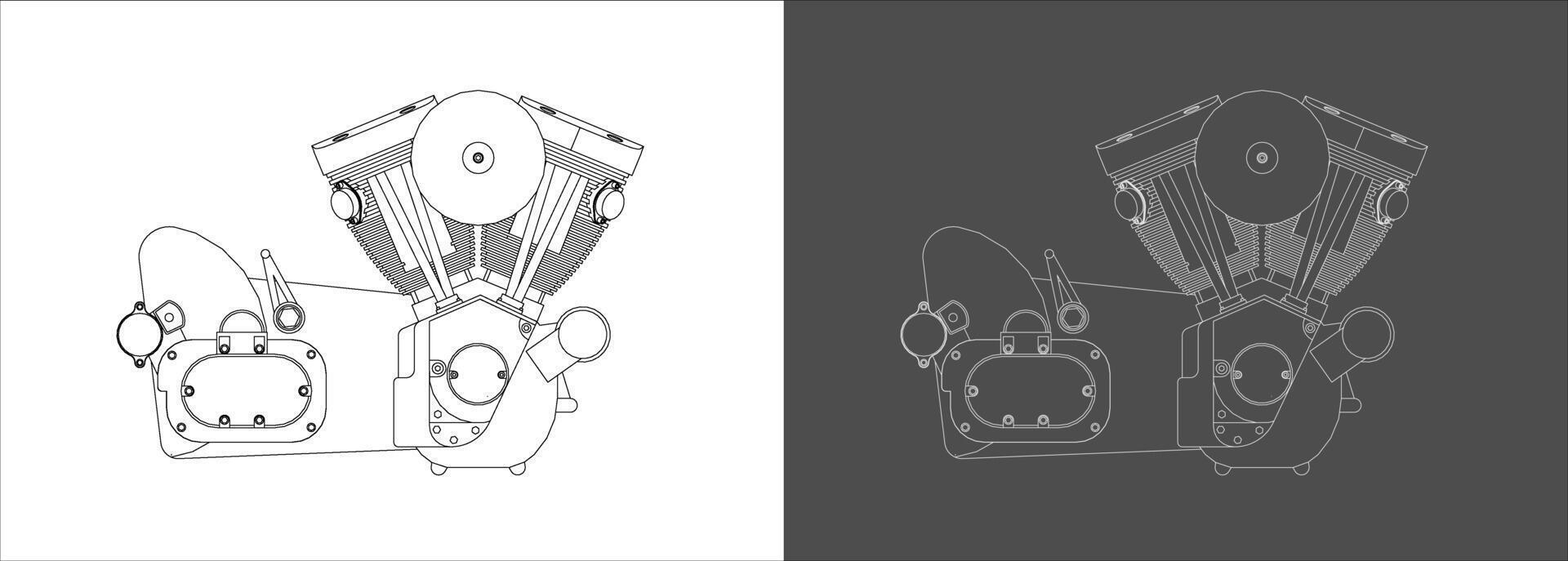 Motorcycles engine V-twin Side view line drawing technical blueprints Illustration. isolated vector
