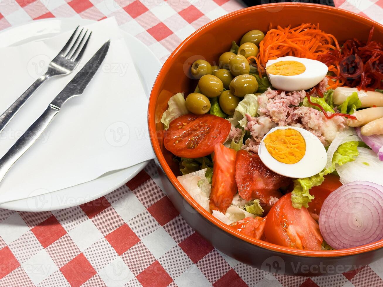 Fresh mixed salad with olives, eggs, tuna, and vegetables on checkered tablecloth photo