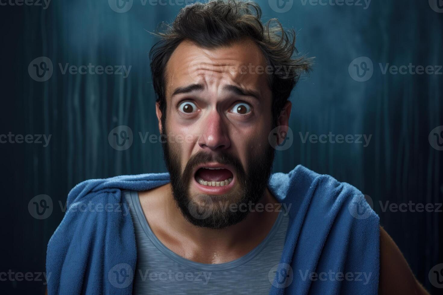 Frightened man showing fear and terror emotion with wide open eyes photo
