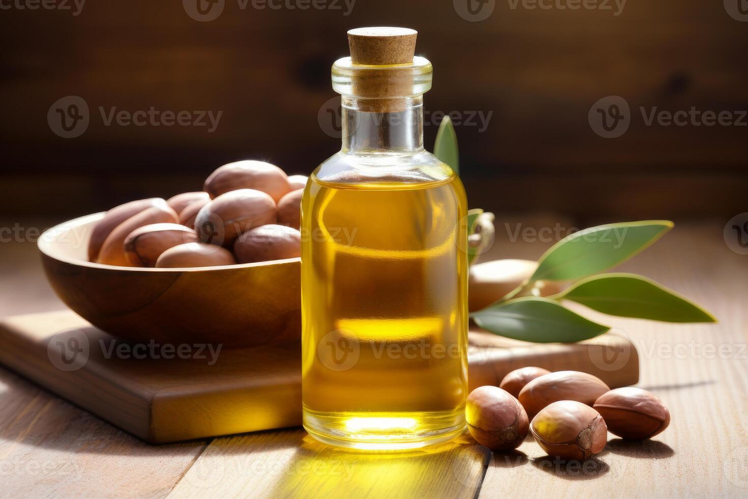 Argan oil in glass bottle with cork lid and argan nuts on wooden table photo