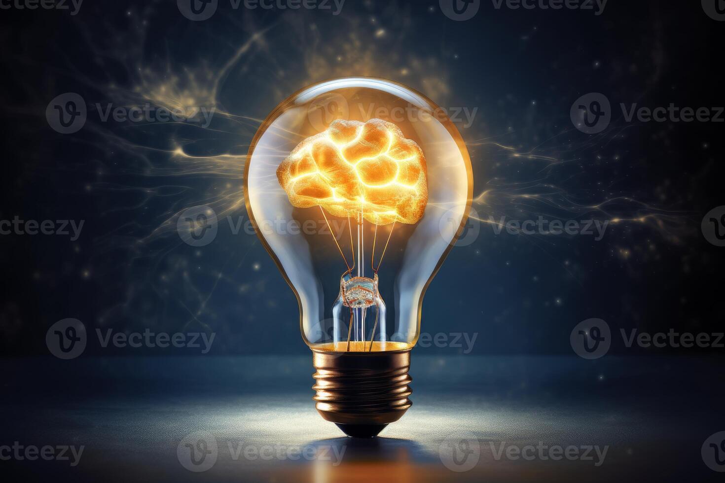 Glowing brain inside light bulb generating creative ideas photo