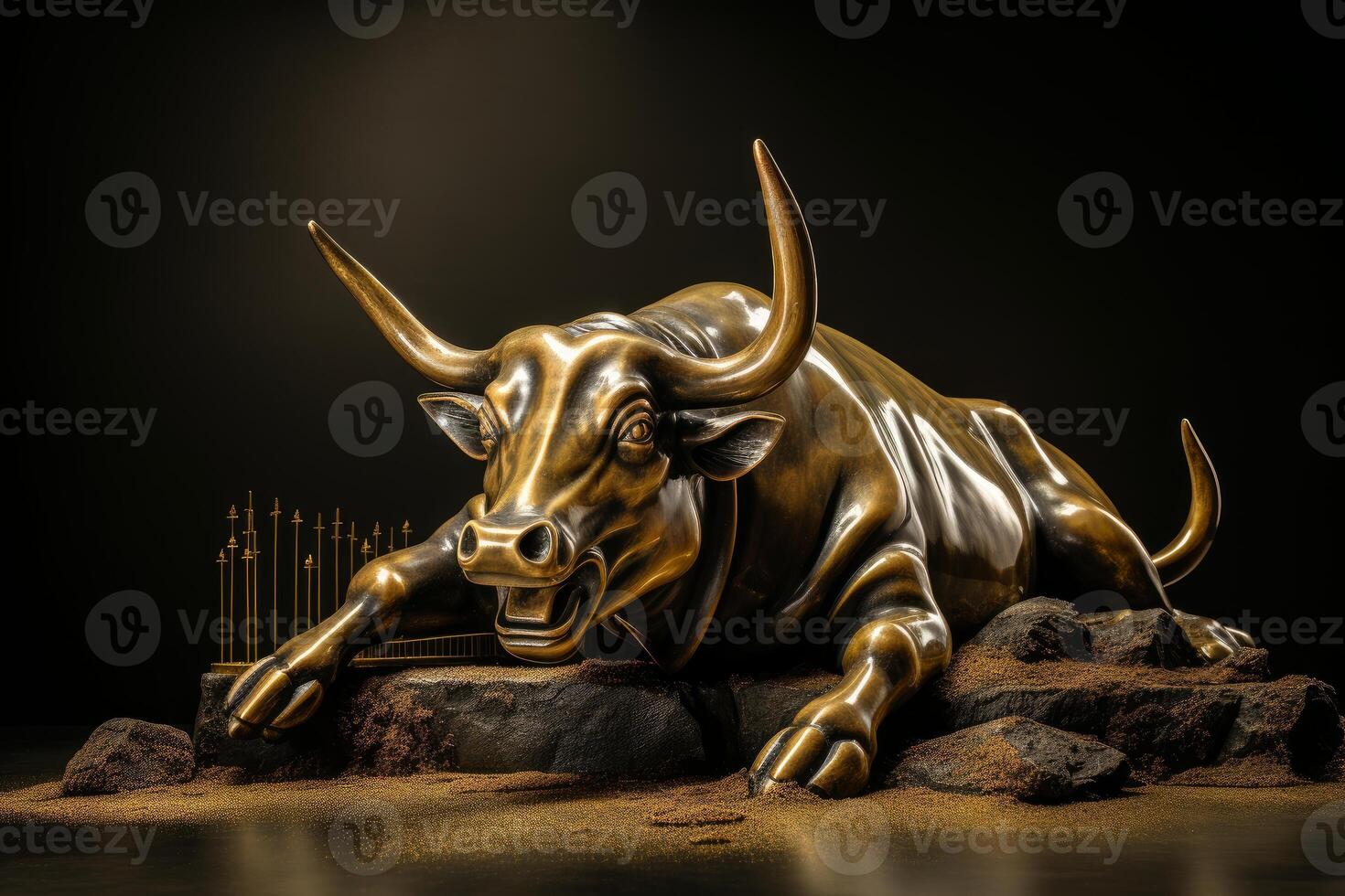 Bronze bull statue lying on rocks representing financial growth photo