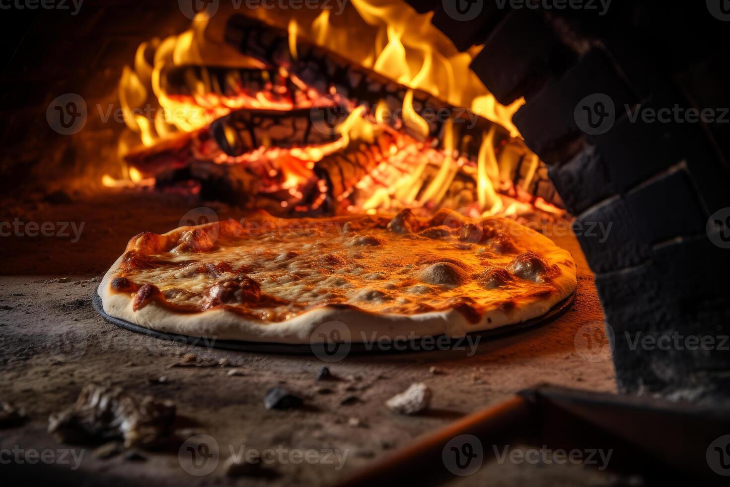 Delicious pizza baking in traditional wood fired brick oven photo