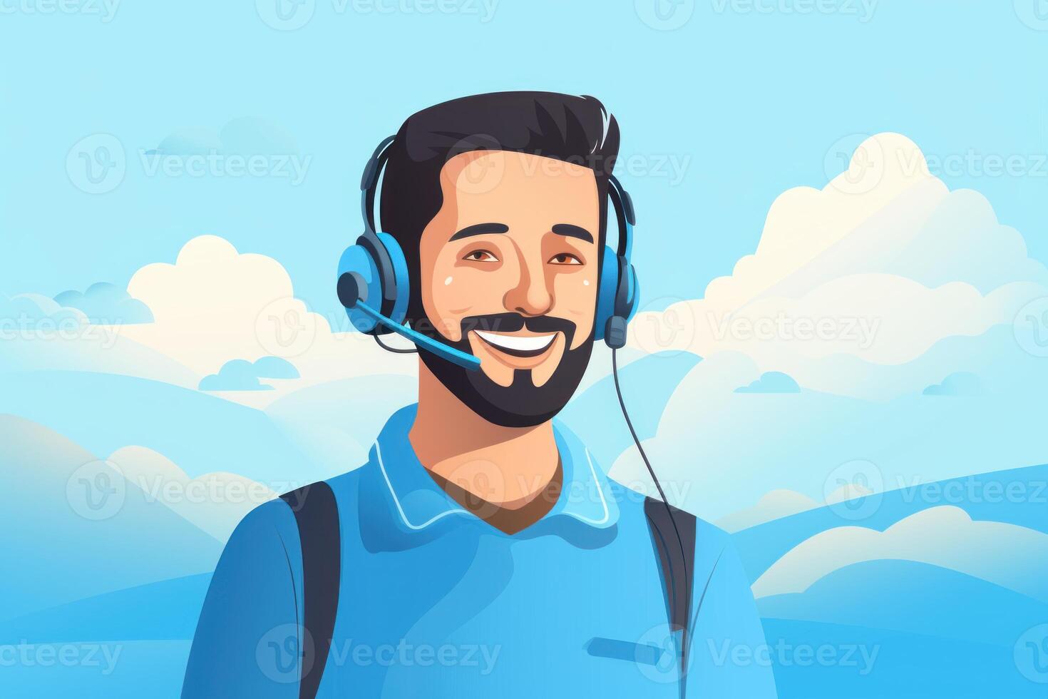 Smiling male call center agent wearing headset in a blue sky background photo