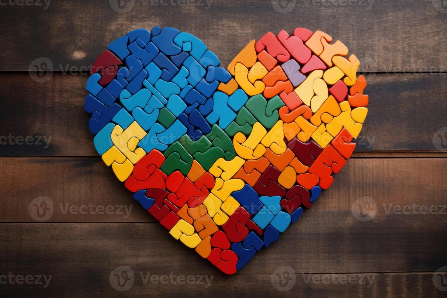Colorful heart shaped puzzle representing love and connection on wooden background photo