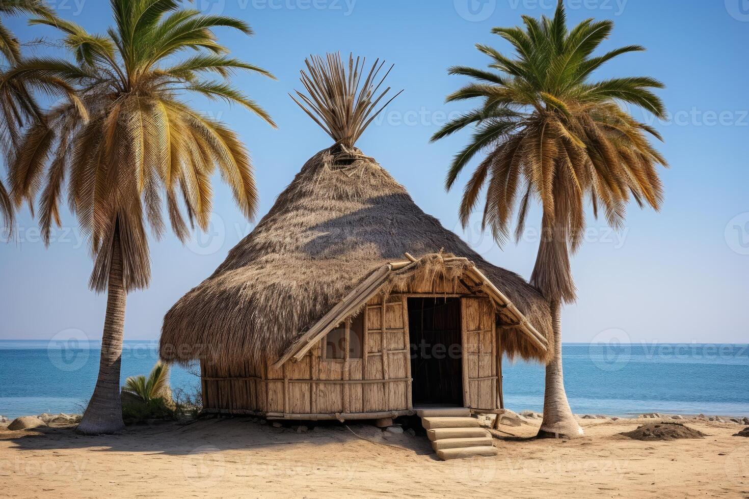 Tropical hut standing on sandy beach by palm trees and ocean photo