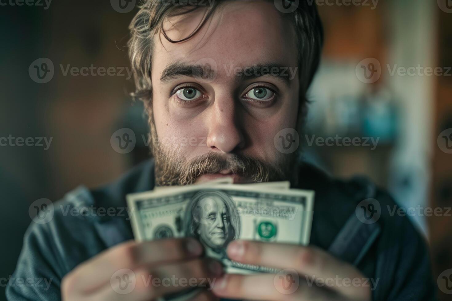 Young man with beard holding and counting us dollar bills photo