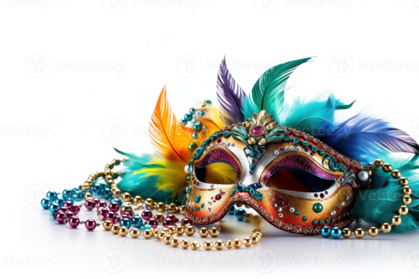 Colorful carnival mask with feathers and beads symbolizing celebration photo
