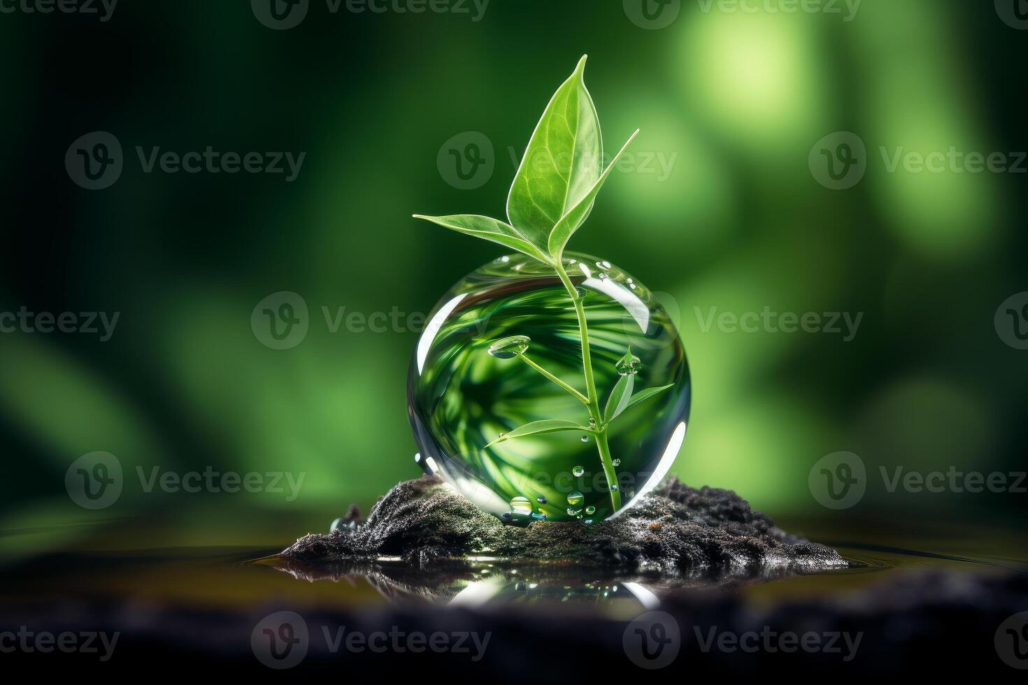Small plant growing inside a transparent glass sphere on wet rock photo