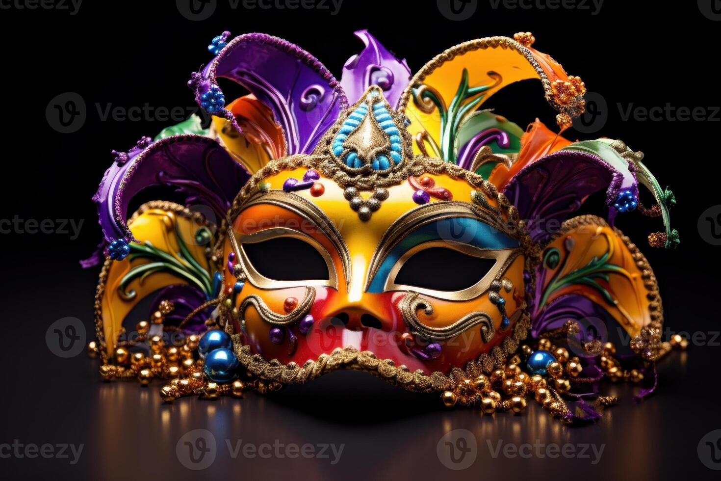 Colorful venetian carnival mask with jester's hat and beads on dark background photo