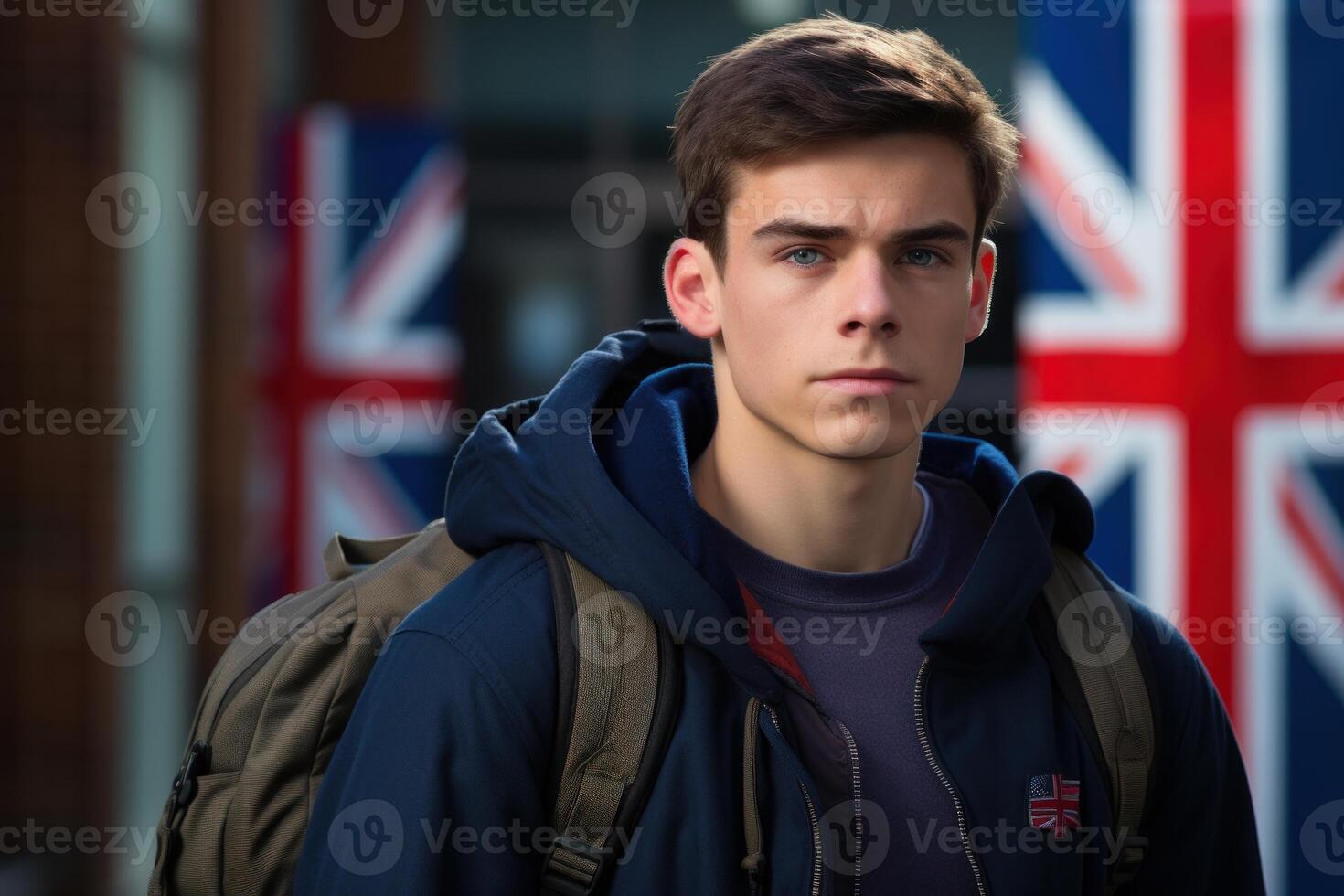 Young student wearing backpack standing in front of british flag photo