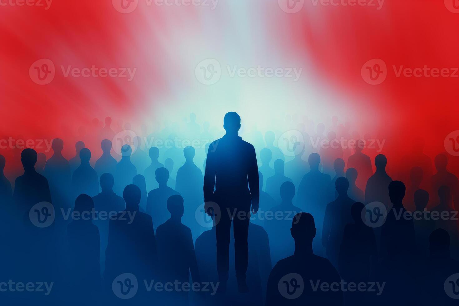 Businessman standing out from crowd in red and blue lighting photo