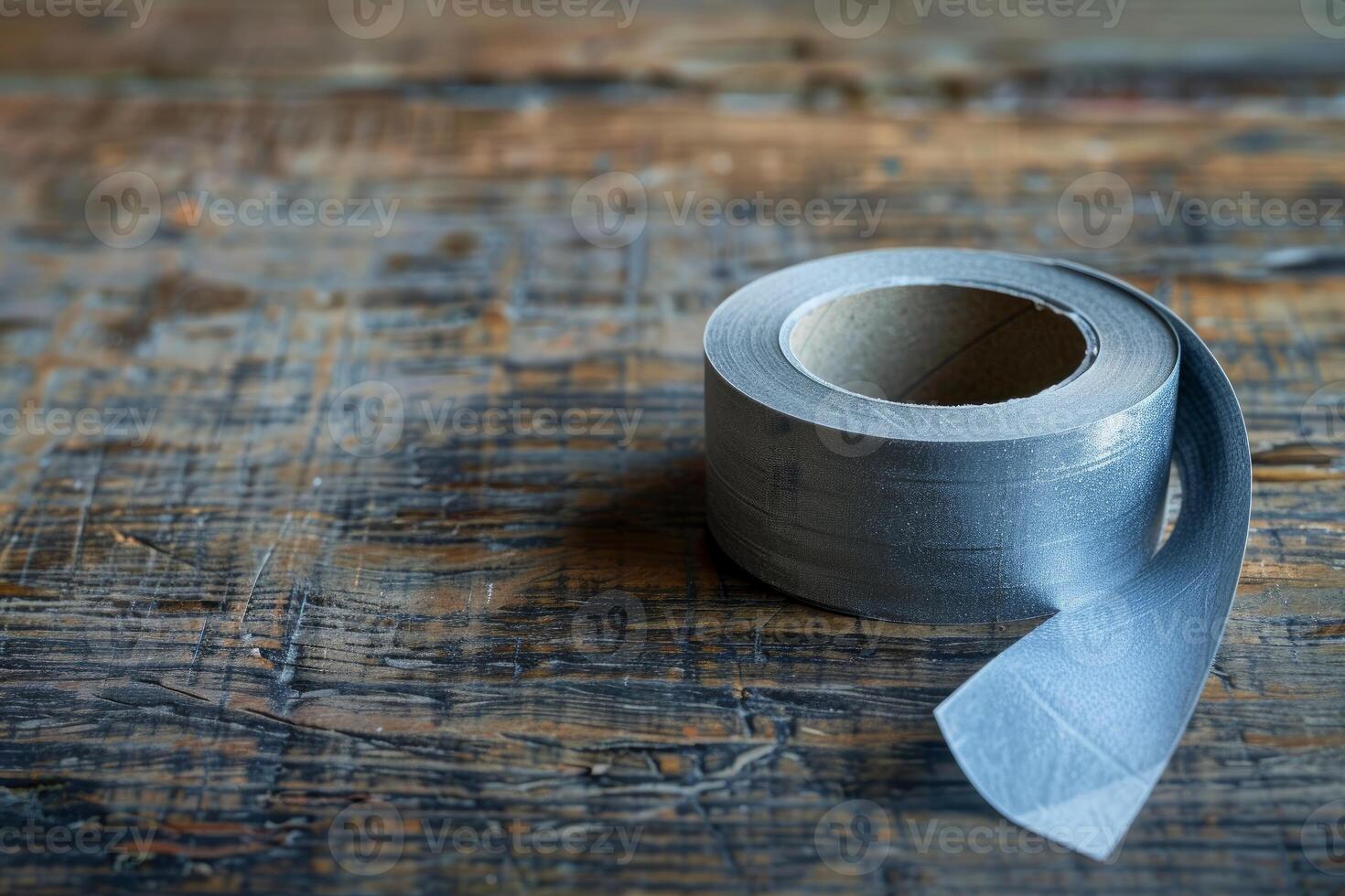 Roll of aluminum flashing tape lying on rustic wooden surface photo