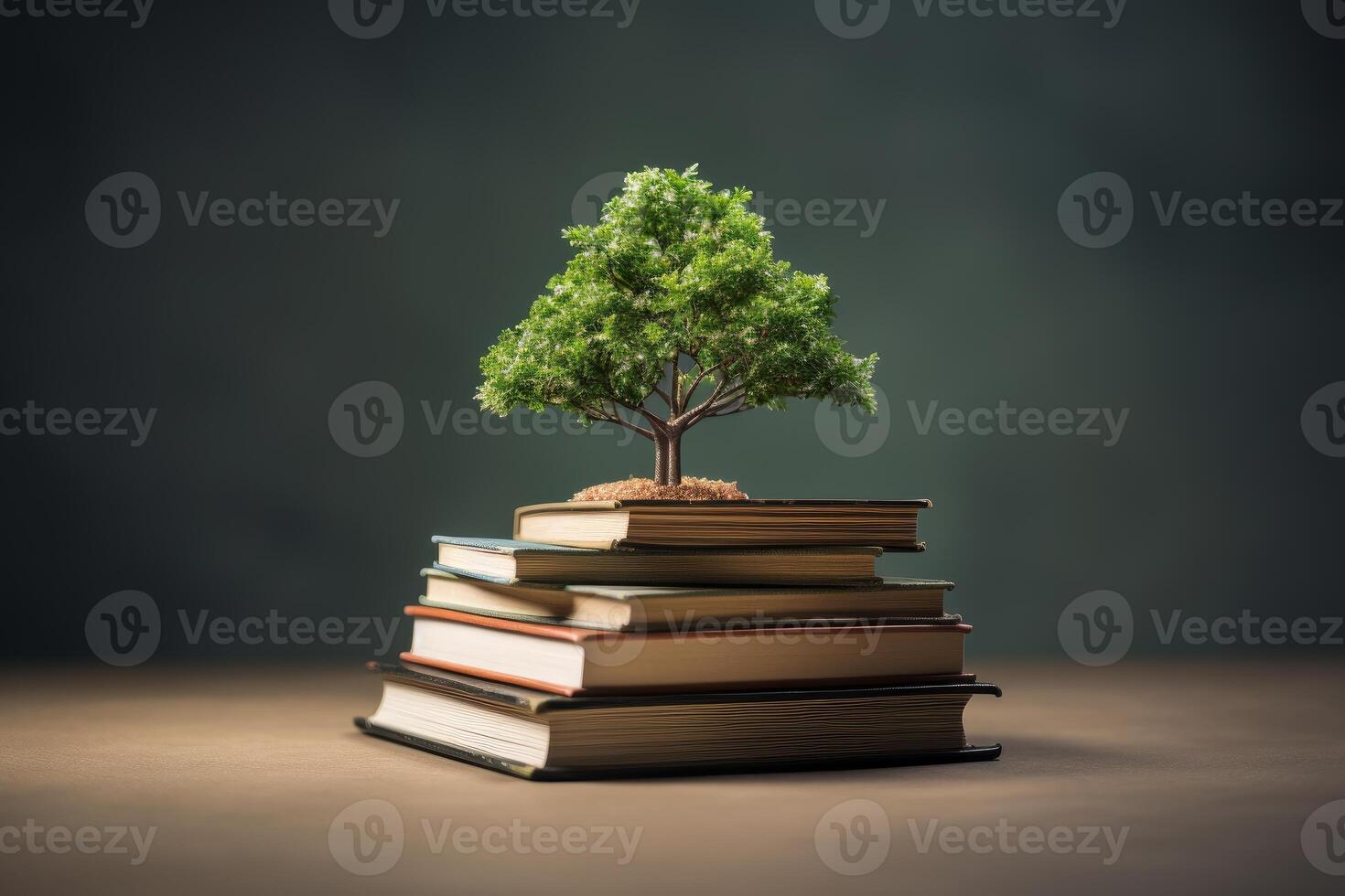 Small tree growing on top of stack of books symbolizing knowledge photo