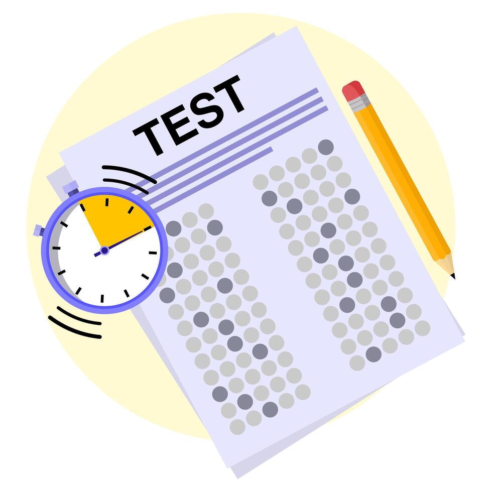 Standardized test sheet bubbles fill with pencil and stopwatch concept design, education illustration. vector