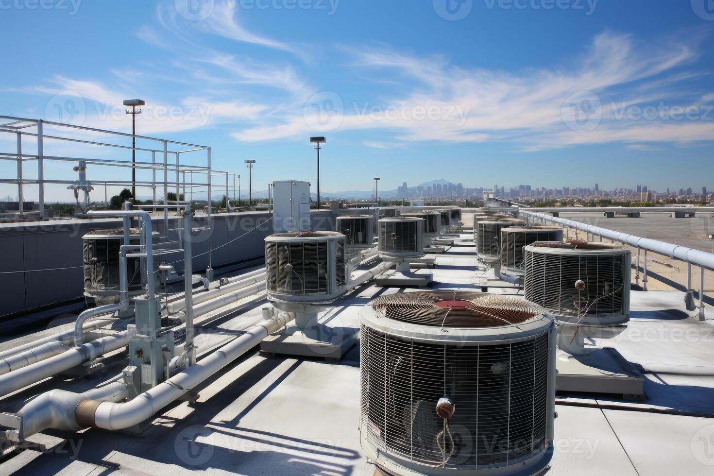 Rooftop hvac units cooling a building with city skyline in background photo