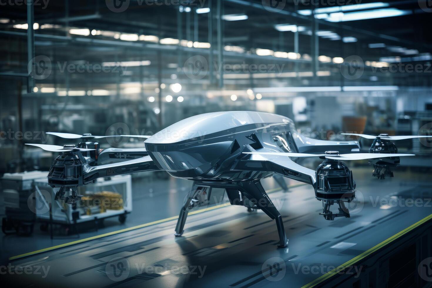 Futuristic delivery drone standing on assembly line in factory photo