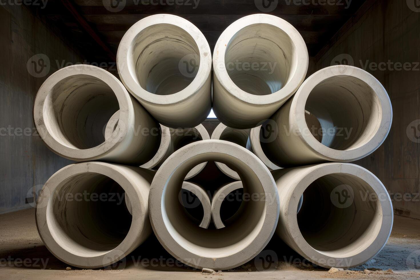 Concrete pipes stacked in warehouse creating abstract pattern photo