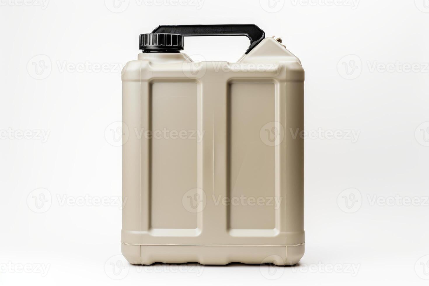 Beige plastic jerrycan standing on white background photo