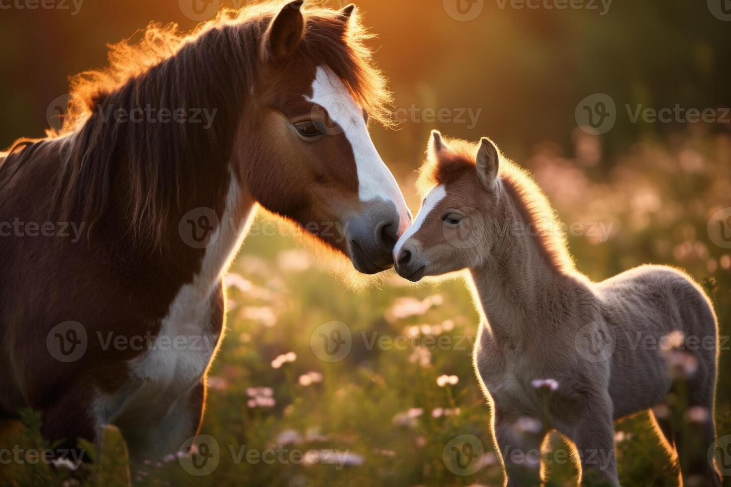 Mare and foal sharing a tender moment at sunset in a meadow photo