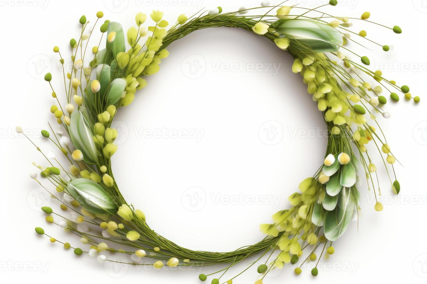 Decorative green wreath framing empty circular space on white background photo