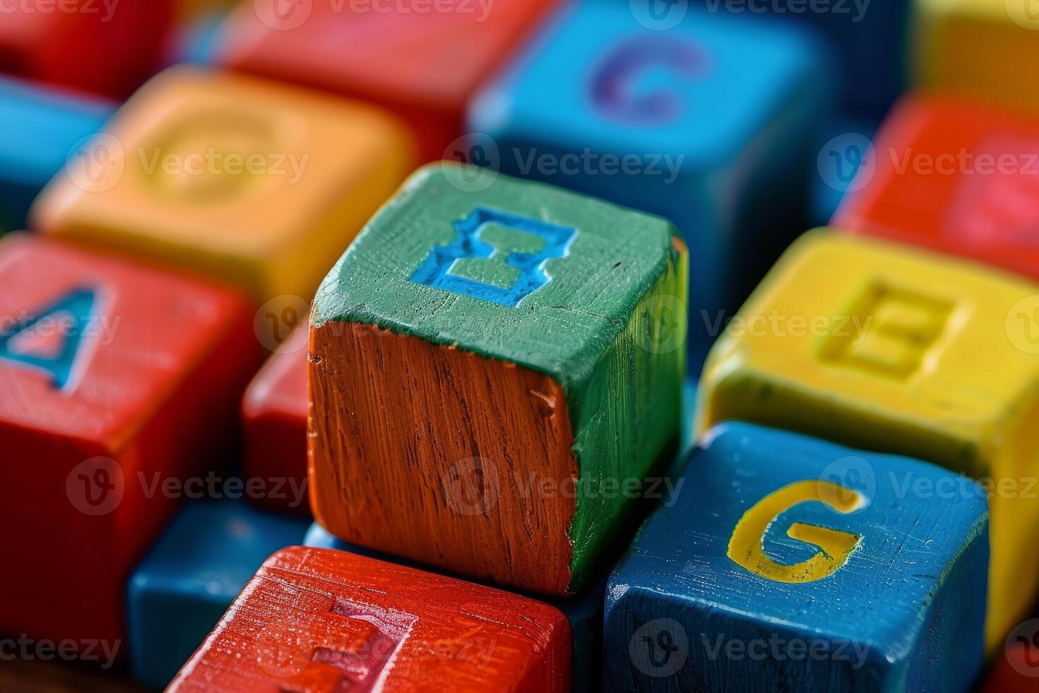 Green wooden alphabet block standing out from the crowd photo